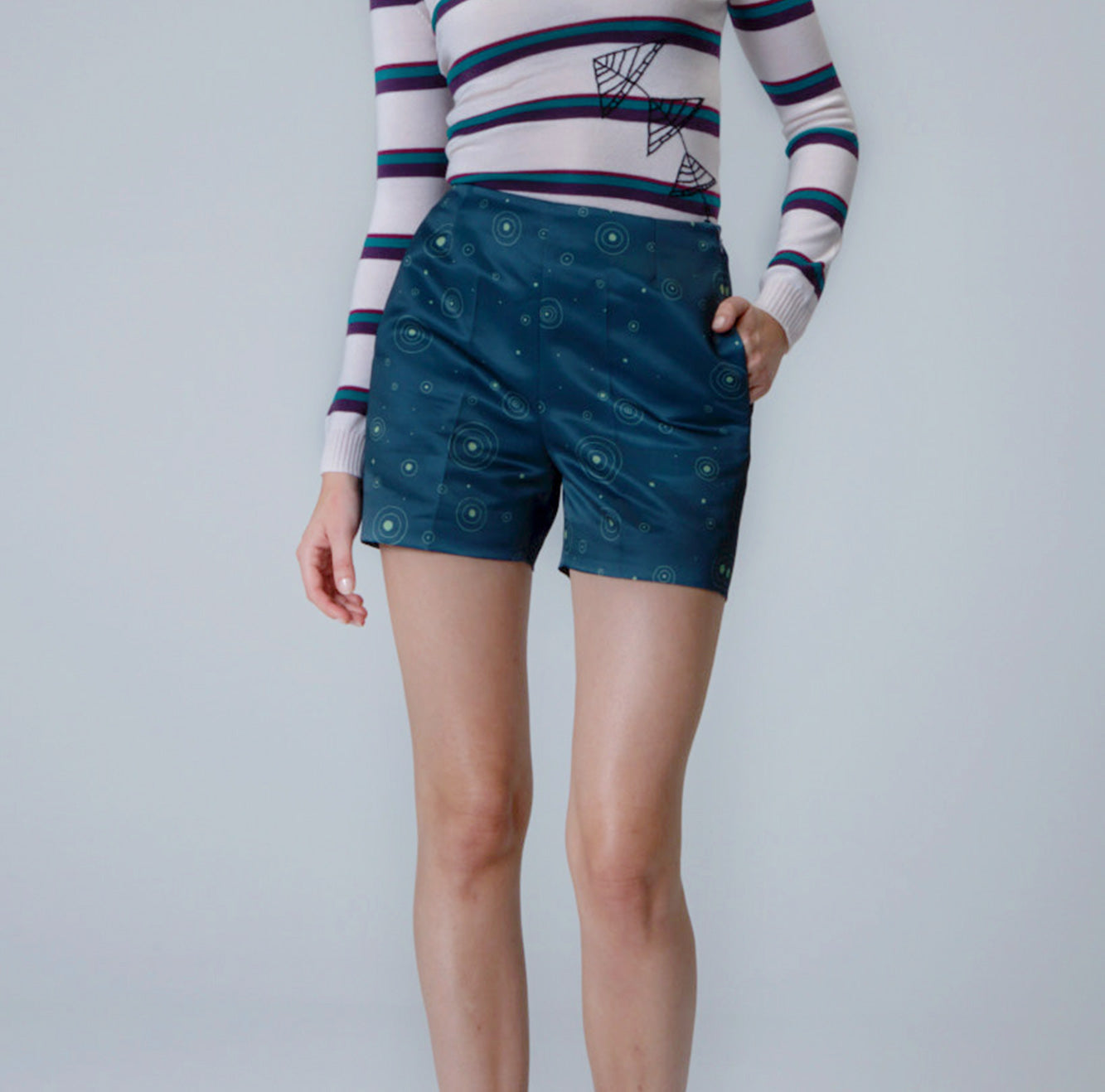Teal Green Printed High Waist Shorts
