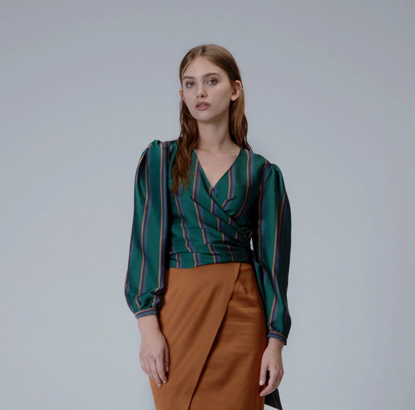 Emerald Green Stripped Wrap Blouse