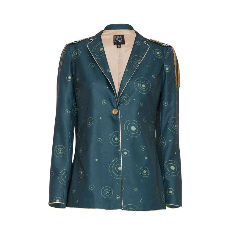 Teal Green Printed Blazer with Epaulettes